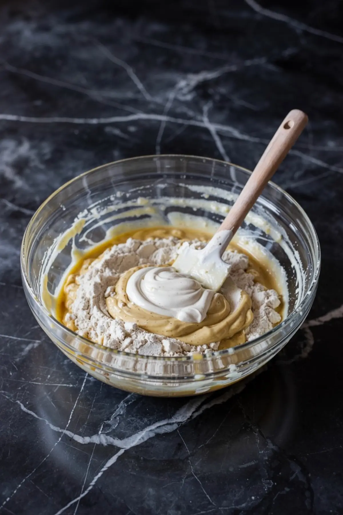 Unmixed cake batter with flour and sour cream in a clear bowl, featuring a silicone spatula and rich caramel-toned base, set on a marbled surface.