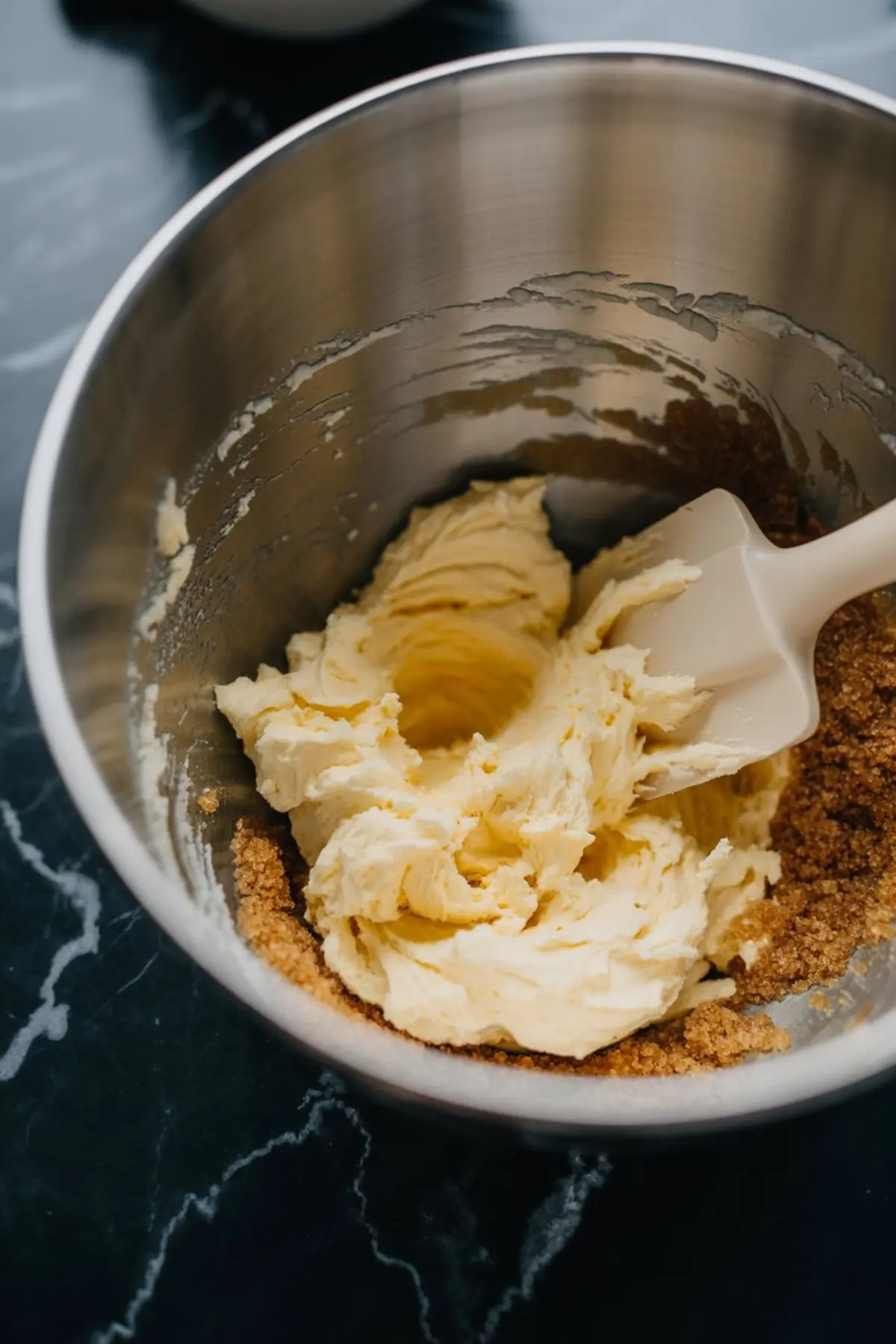 A metal mixing bowl with creamed butter and brown sugar being mixed with a silicone spatula, forming the rich base for maple brown sugar cookies.
