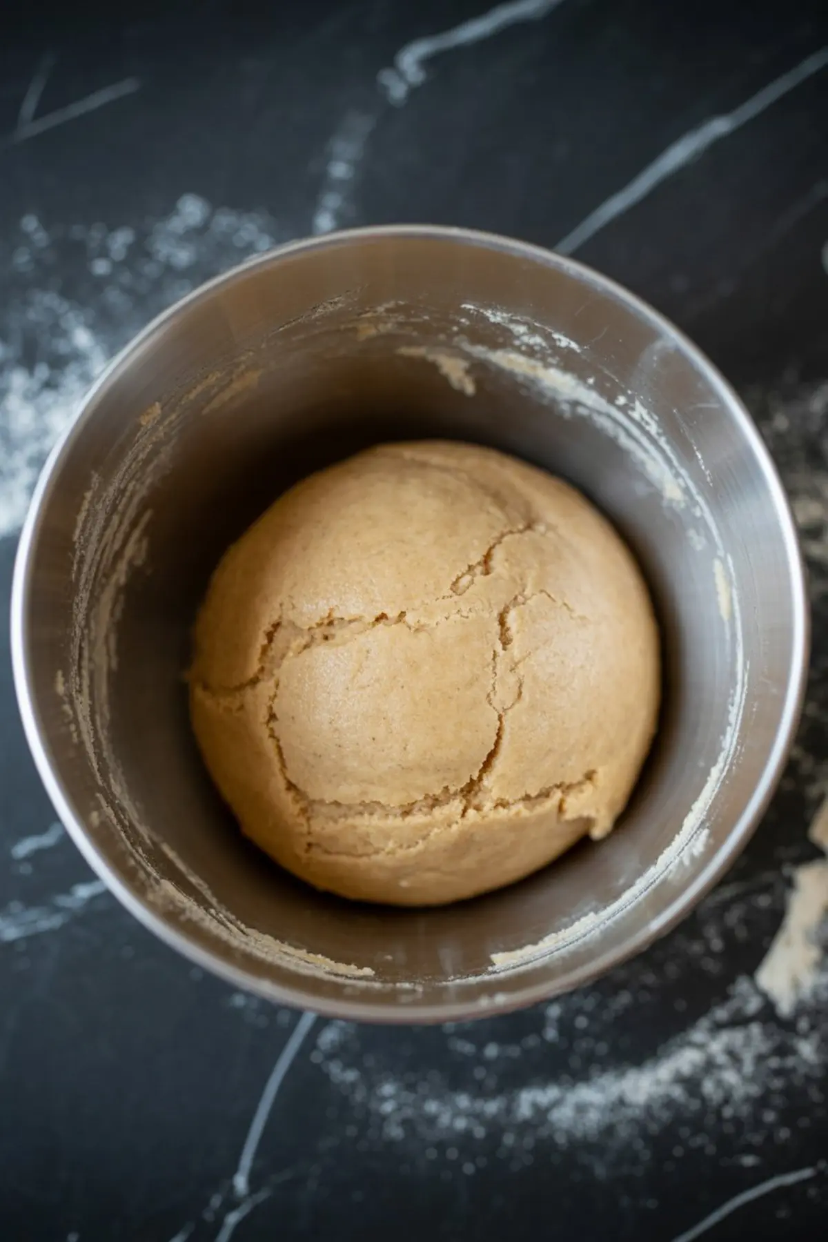 A smooth ball of cookie dough sits in a metal bowl, showing a well-kneaded texture, prepared for shaping into thumbprint cookies.
