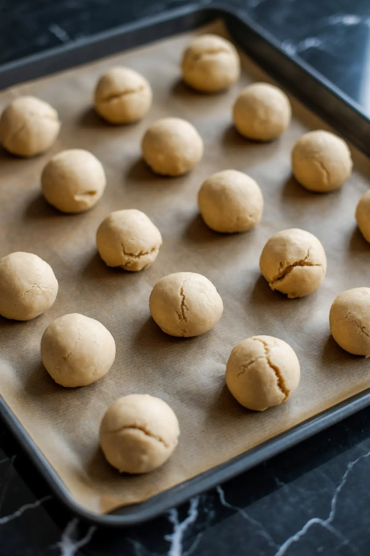 Raw cookie dough balls arranged evenly on a parchment-lined baking tray, ready for baking into maple brown sugar thumbprint cookies.
