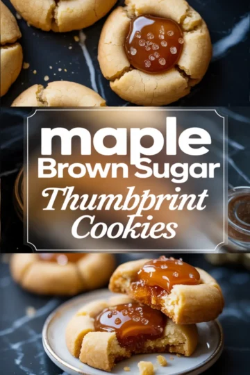 A vertical collage featuring maple brown sugar thumbprint cookies in various stages—close-up of finished cookies with glossy caramel centers, text overlay promoting the recipe, and a plate showcasing the interior texture of a bitten cookie.