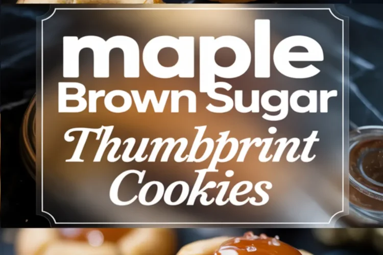 A vertical collage featuring maple brown sugar thumbprint cookies in various stages—close-up of finished cookies with glossy caramel centers, text overlay promoting the recipe, and a plate showcasing the interior texture of a bitten cookie.