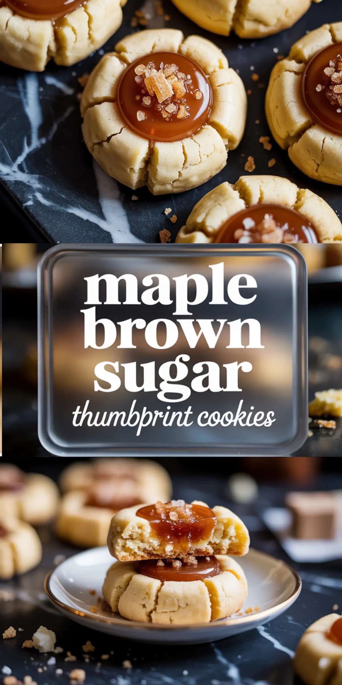 A vertical collage of maple brown sugar thumbprint cookies topped with glistening caramel and crystalized sugar, featuring bold recipe text and a plate with a stacked, bitten cookie revealing the chewy center.
