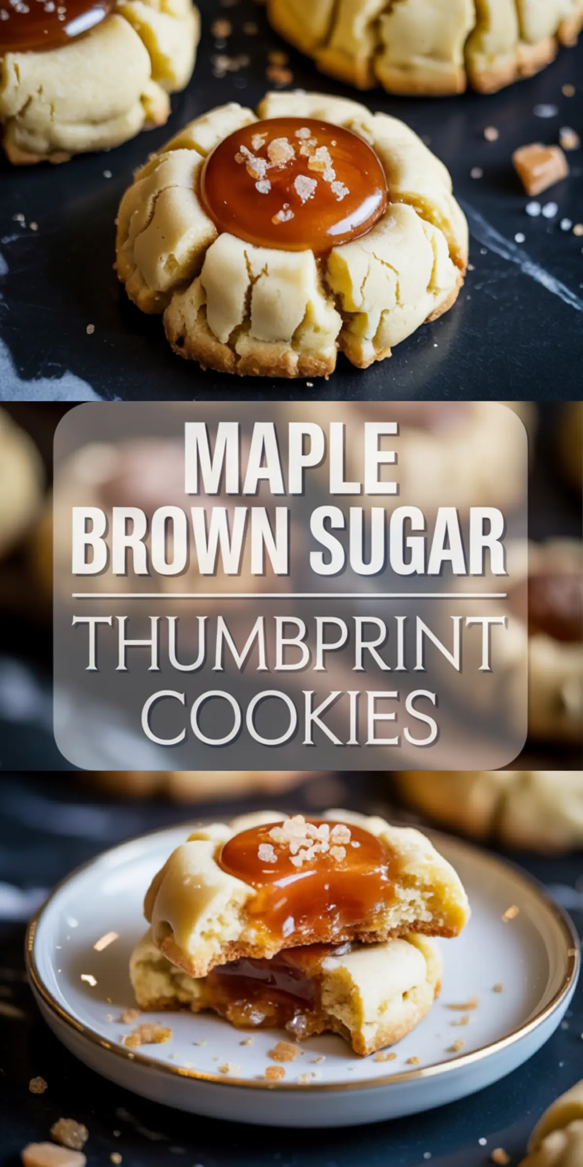 A vertical collage of maple brown sugar thumbprint cookies topped with caramel and sugar crystals, accompanied by clear recipe text and a close-up of a bitten cookie revealing its gooey caramel center.
