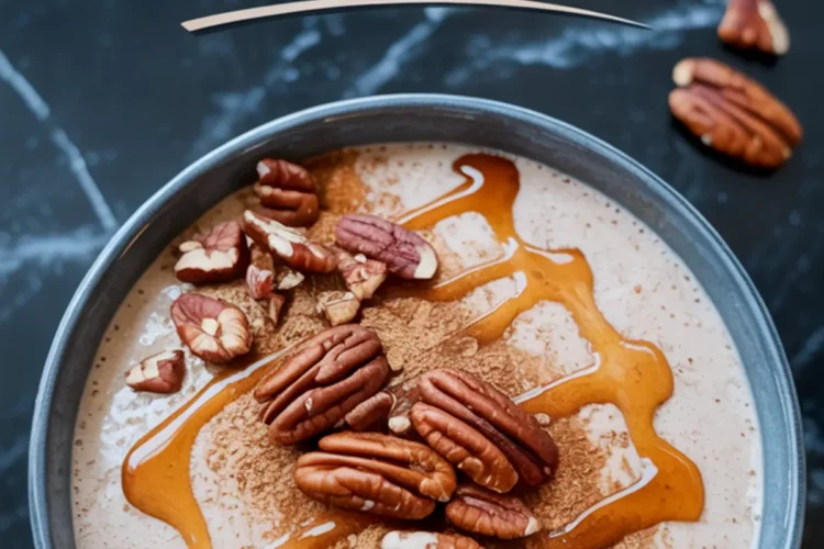 Maple pecan smoothie bowl topped with whole pecans, a drizzle of maple syrup, and dusted cinnamon, presented on a dark marble background with bold title text.