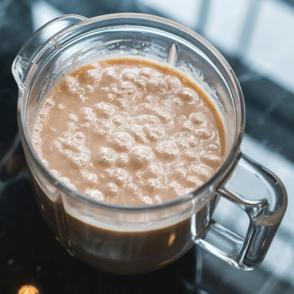 Close-up of blended maple pecan smoothie mixture in a clear glass blender jar, showing a frothy and creamy texture with visible air bubbles.

