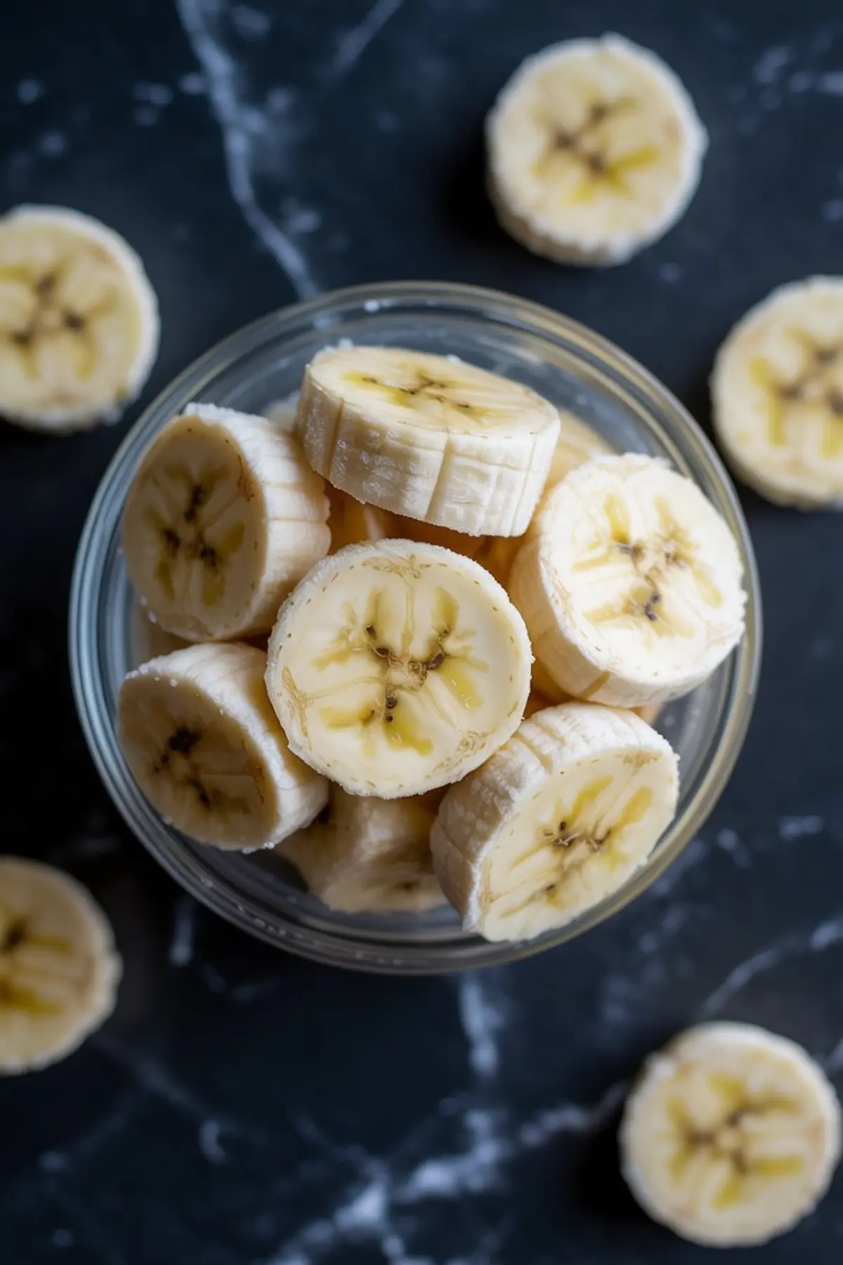 Top view of a glass bowl filled with sliced bananas on a black marble surface, with additional banana slices scattered around the bowl.
