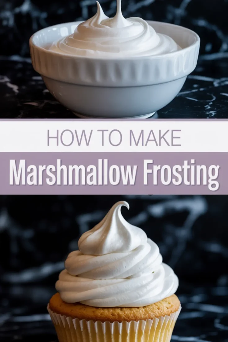 Vertical collage showing a swirl of glossy marshmallow frosting in a white bowl and a close-up of a cupcake topped with a thick, piped marshmallow frosting swirl. Includes a bold title text: “How to Make Marshmallow Frosting.”