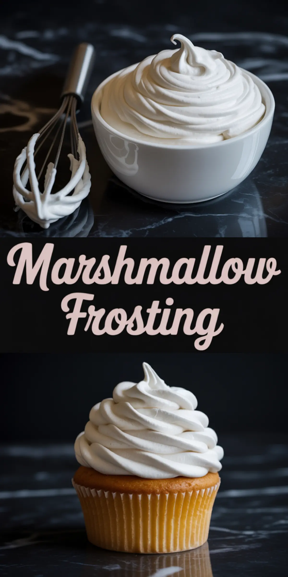 Tall Pinterest collage with whipped marshmallow frosting in a white bowl beside a whisk and a finished cupcake topped with a silky, white swirl. Features script-style “Marshmallow Frosting” text in the center.
