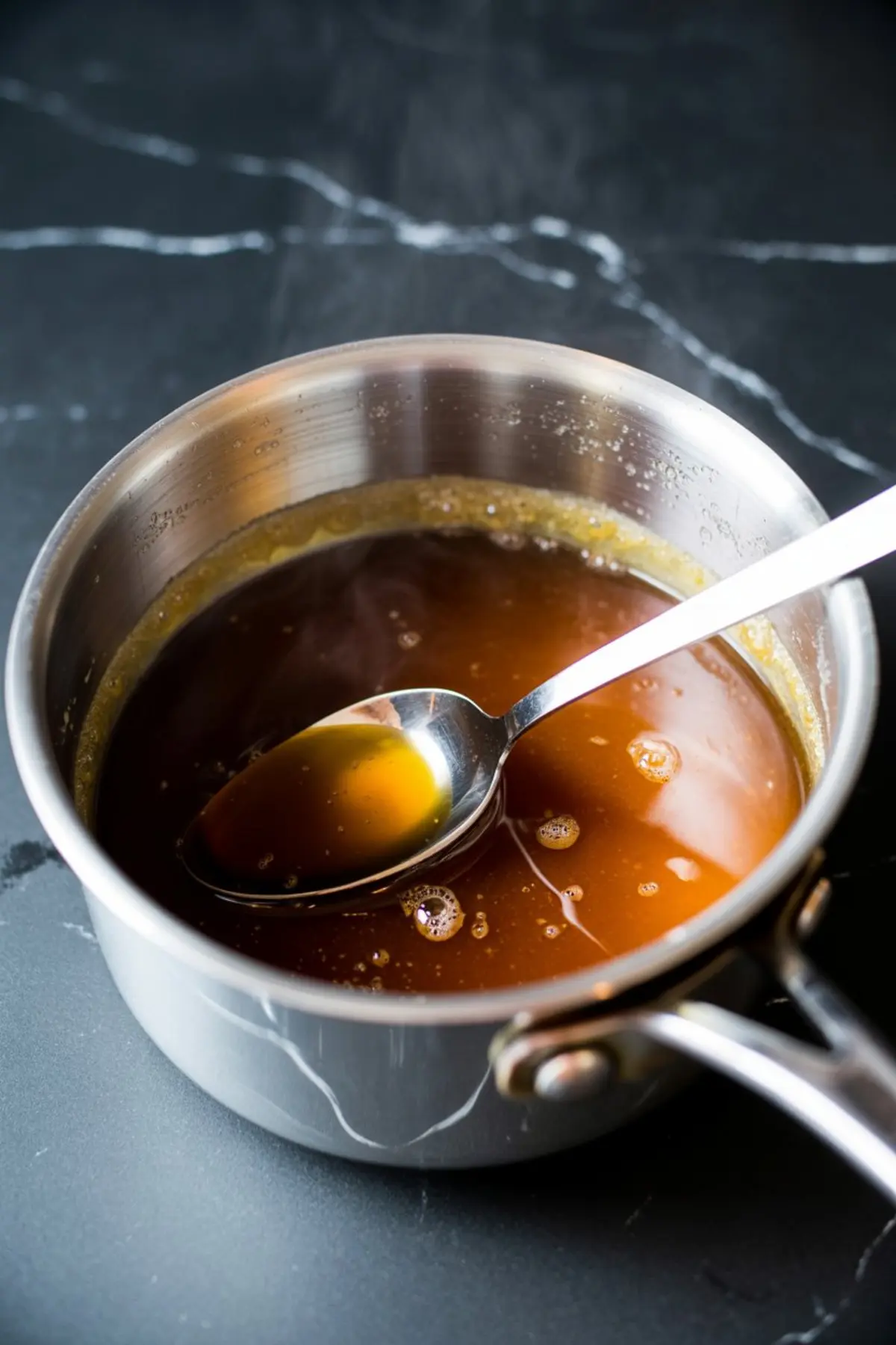 A saucepan of homemade maple caramel sauce being stirred with a spoon, bubbling and golden, prepared for filling thumbprint cookies.
