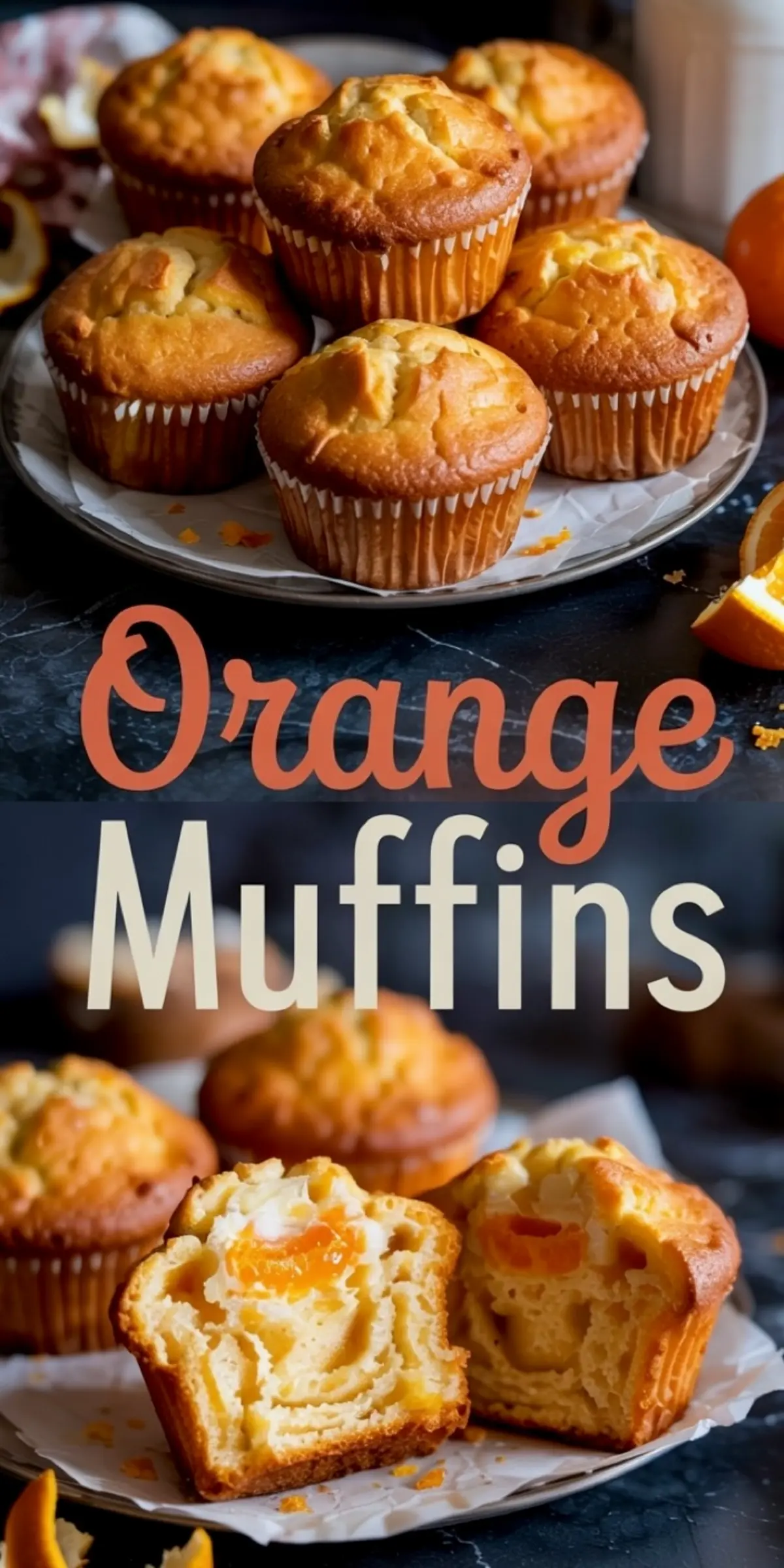 Collage featuring golden brown orange muffins stacked on a plate at the top and close-up of halved muffins filled with orange chunks at the bottom, with “Orange Muffins” text in the center.
