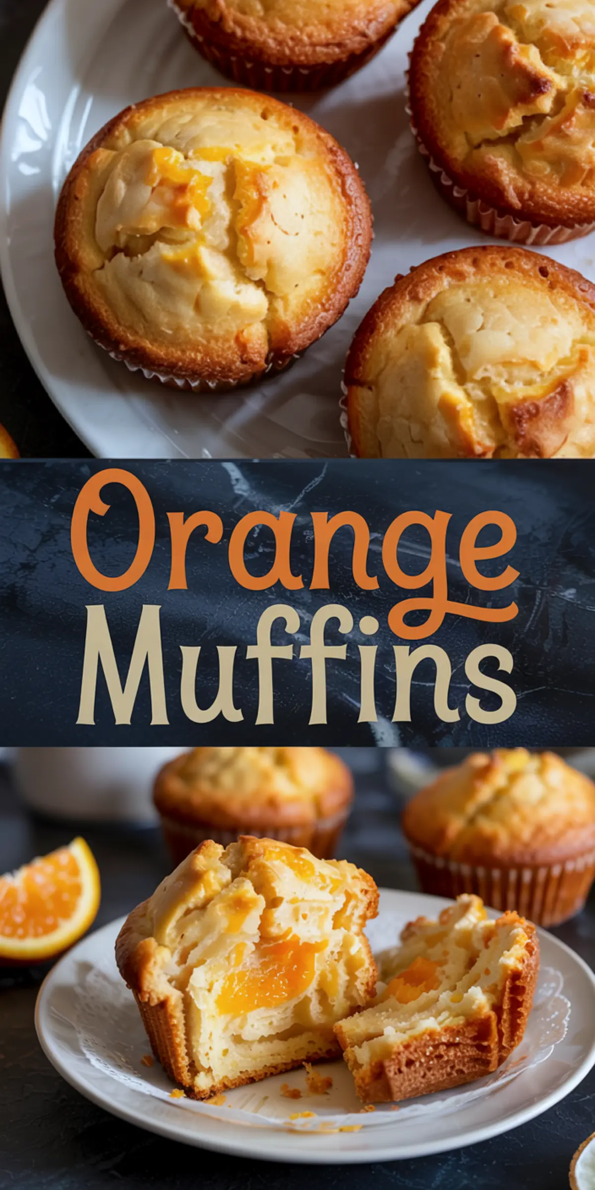 Collage displaying freshly baked orange muffins on a white plate at the top, and a halved muffin with vibrant orange filling on a white dish at the bottom, with “Orange Muffins” written in stylized font between.