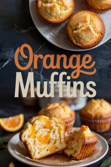 Collage showing baked golden orange muffins on a white plate in the top half, and a sliced open orange muffin revealing juicy orange segments inside on the bottom half, with “Orange Muffins” text overlay.