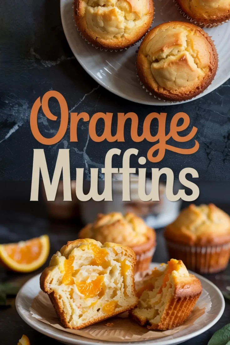 Collage showing baked golden orange muffins on a white plate in the top half, and a sliced open orange muffin revealing juicy orange segments inside on the bottom half, with “Orange Muffins” text overlay.