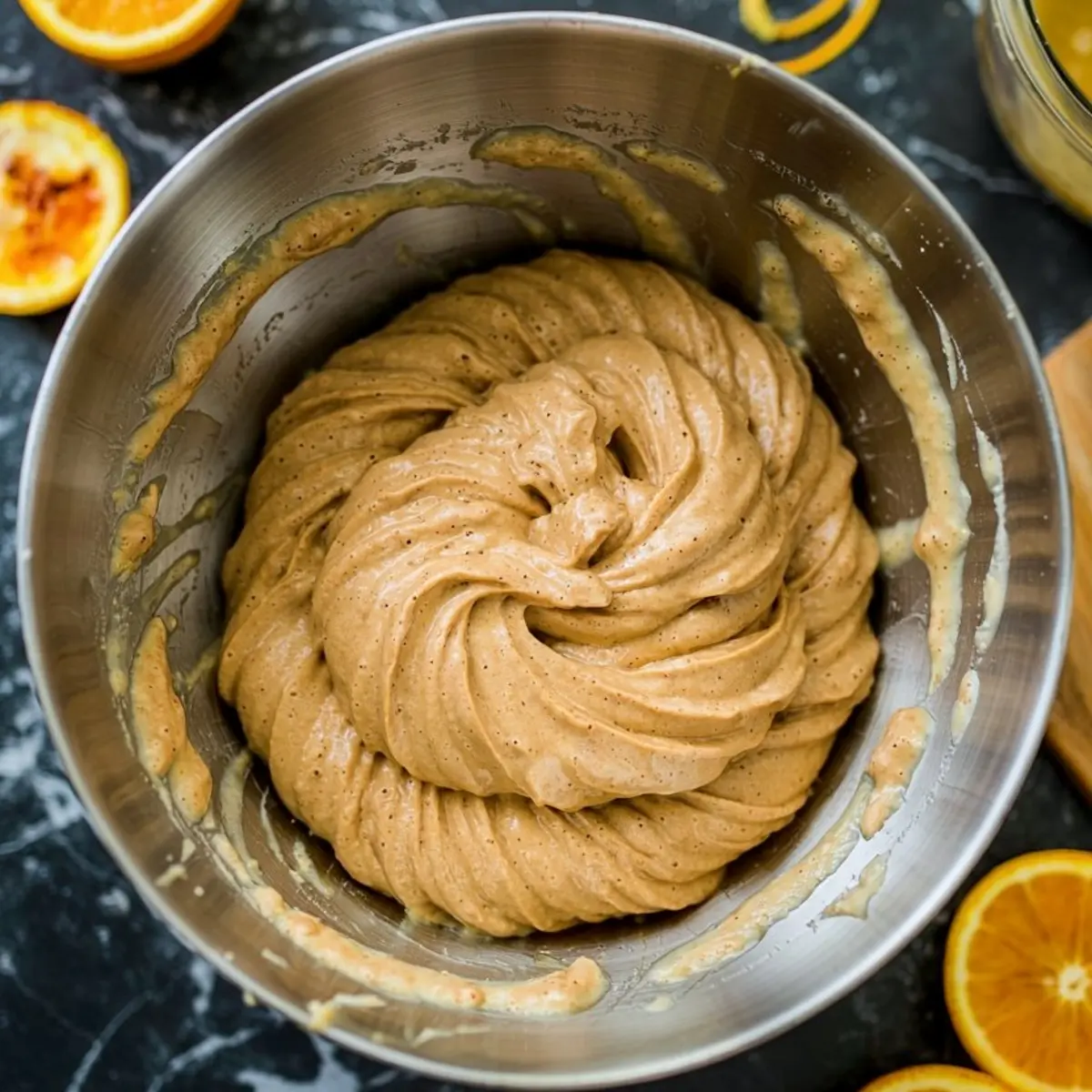 Thick, swirled orange muffin batter in a large silver mixing bowl, surrounded by halved oranges and orange zest on a black marble countertop.