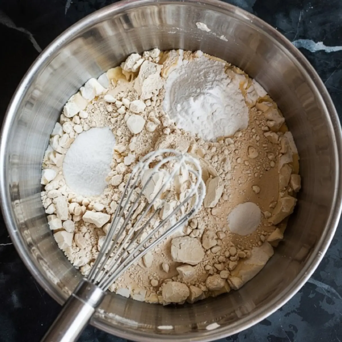 Stainless steel mixing bowl filled with dry baking ingredients including flour, baking powder, baking soda, and salt, with a metal whisk resting inside on a dark marble countertop.
