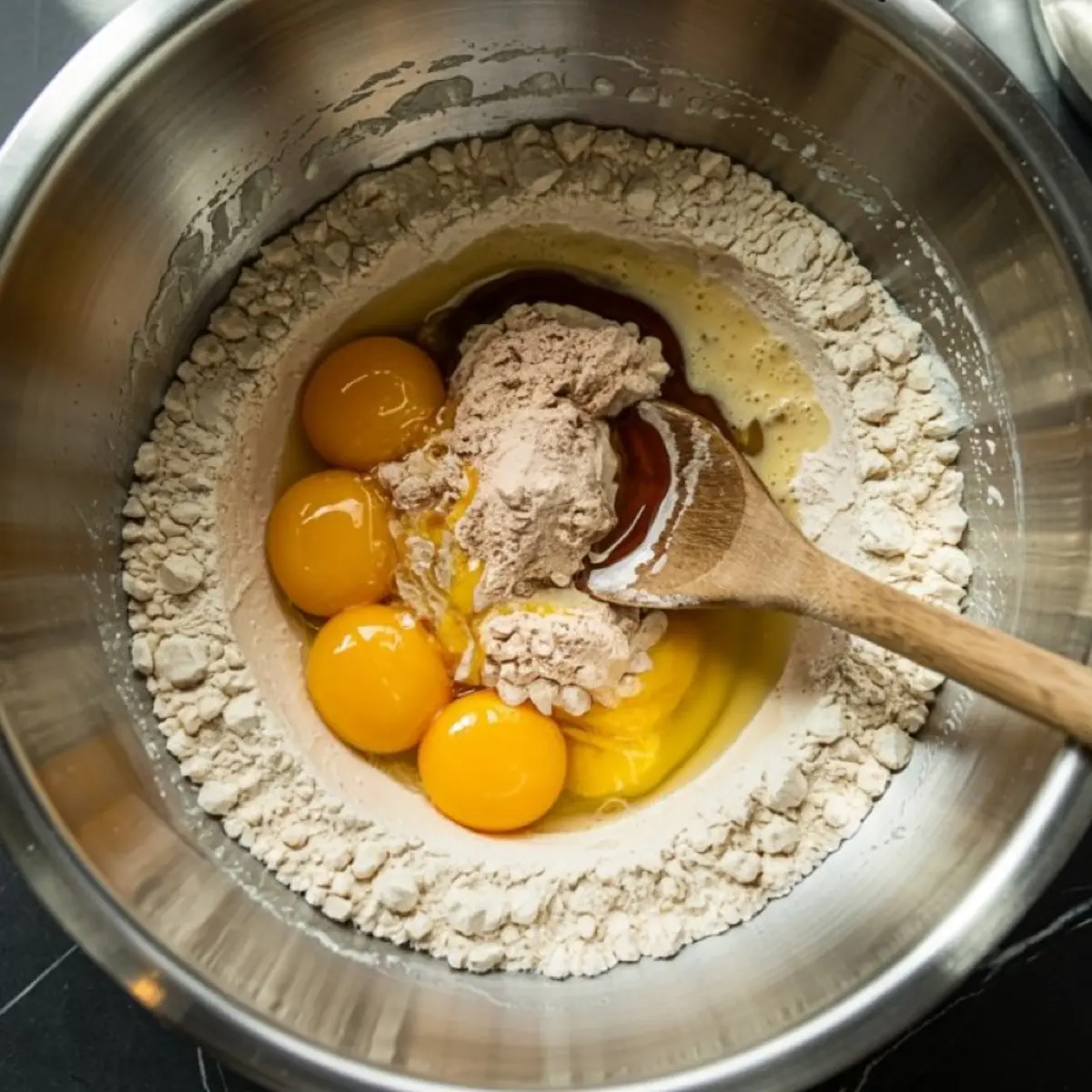 Metal mixing bowl containing flour, cocoa powder, eggs, and vanilla extract, with a wooden spoon resting in the batter before mixing.