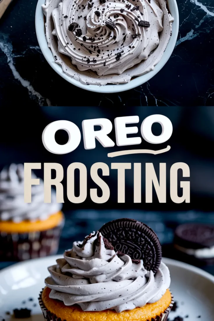 Collage image with a bowl of Oreo cookie frosting and cupcakes topped with Oreo buttercream swirls and whole cookies, with text overlay “Oreo Frosting.”