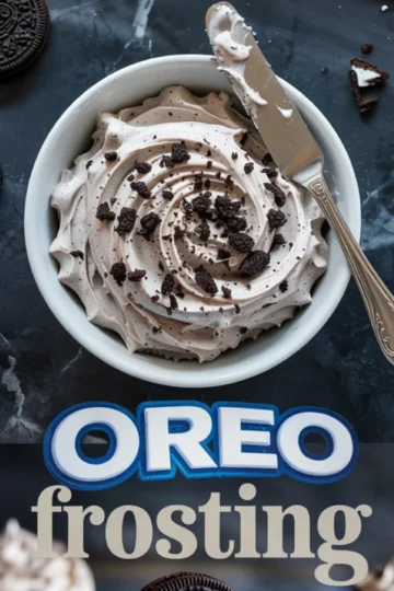 Collage image showing a bowl of Oreo frosting swirled with crushed cookies and a metal spatula beside it, paired with cupcakes decorated with Oreo buttercream and text overlay “Oreo Frosting.”