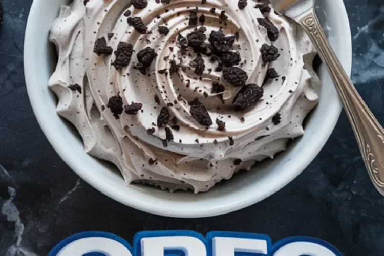 Collage image showing a bowl of Oreo frosting swirled with crushed cookies and a metal spatula beside it, paired with cupcakes decorated with Oreo buttercream and text overlay “Oreo Frosting.”