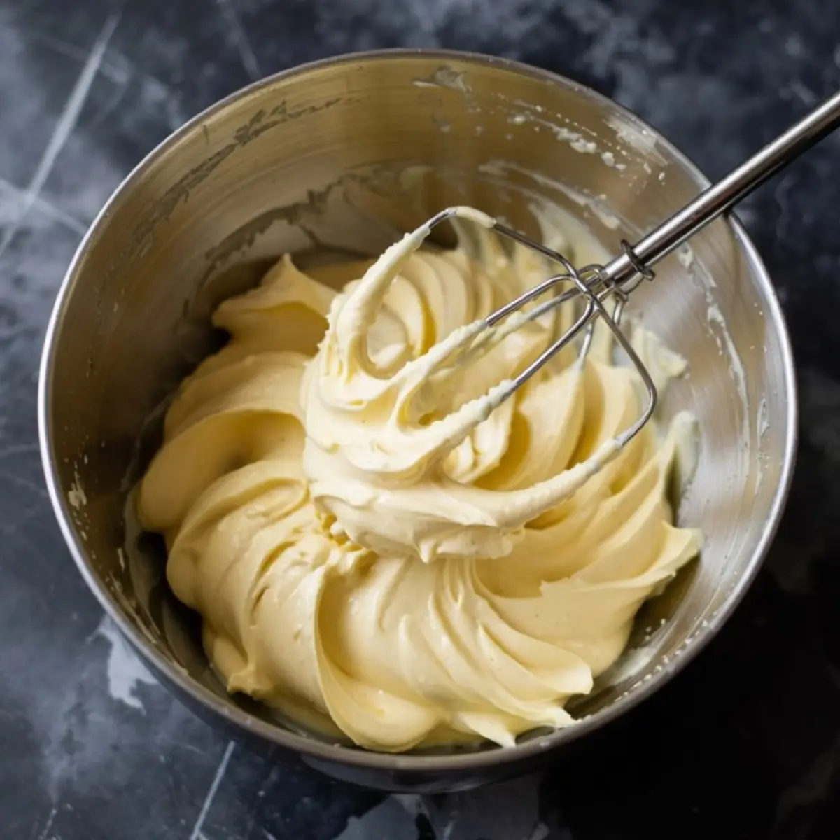 Fluffy buttercream frosting being whipped in a stainless steel mixing bowl with a hand mixer on a dark marble countertop.