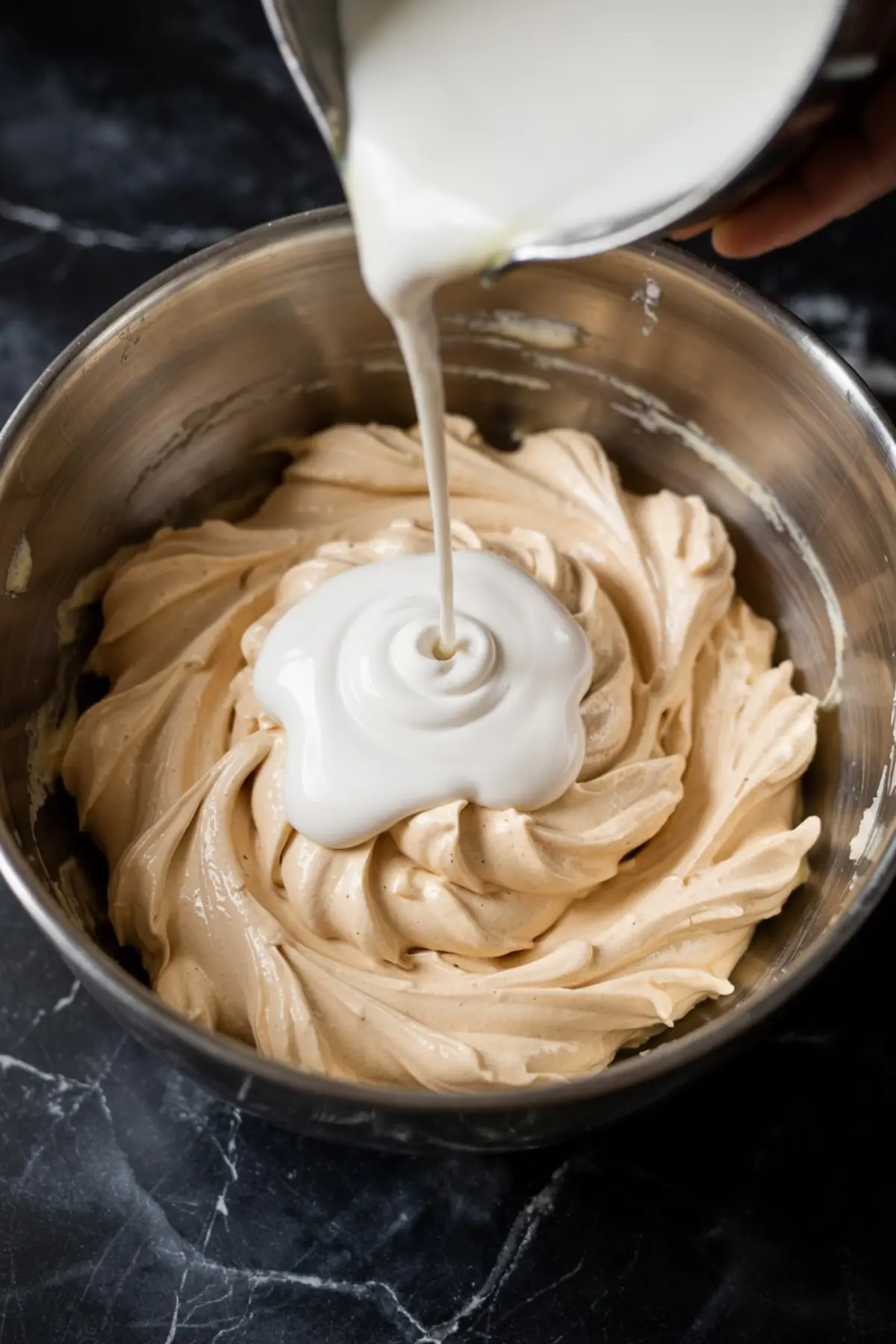Cream being poured into a bowl of whipped frosting to create smooth Oreo buttercream.