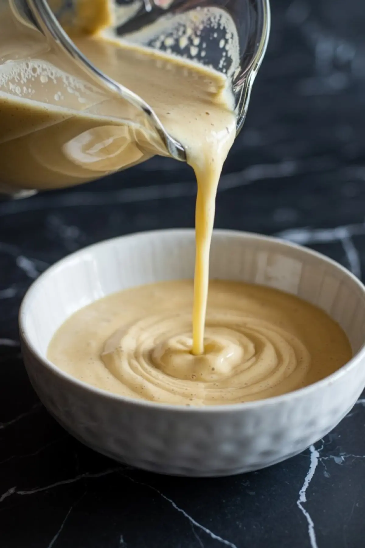 Creamy smoothie base being poured from a blender into a white textured bowl on a black marble surface.