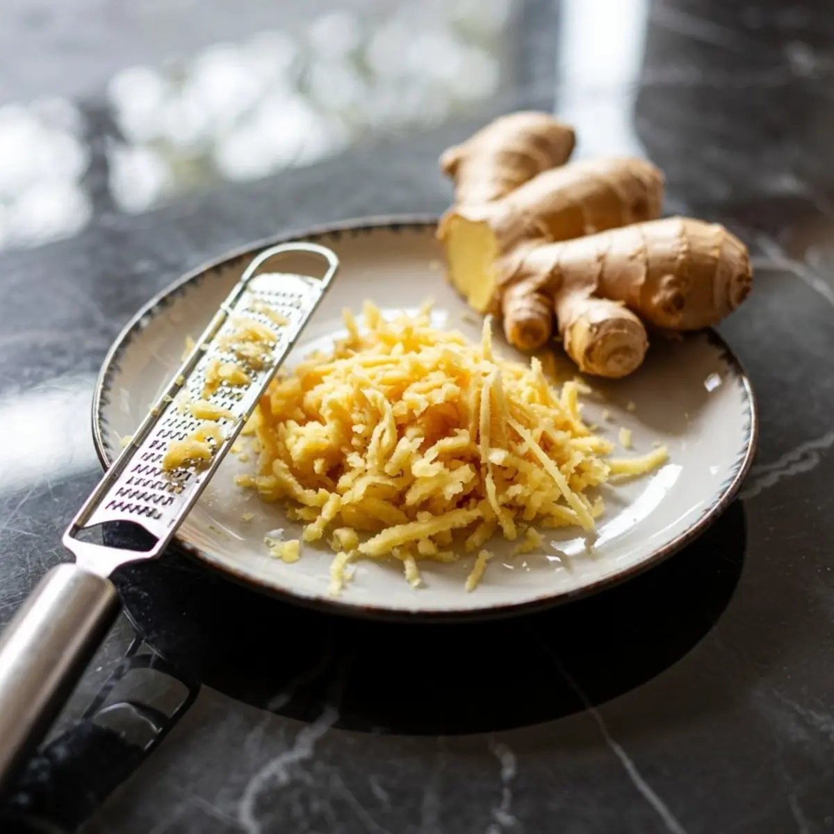Freshly grated ginger on a ceramic plate with a stainless steel grater and whole ginger root on a dark marble countertop.