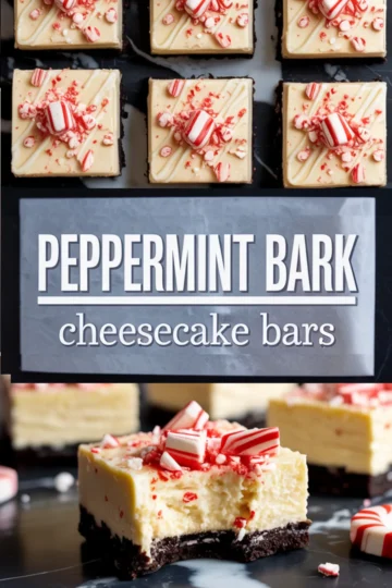 Pinterest-style collage featuring peppermint bark cheesecake bars with a striped peppermint topping. The top section shows a clean flat lay of bars with red drizzle and crushed candies. The bottom section captures a close-up bite revealing the creamy cheesecake and dark chocolate crust.