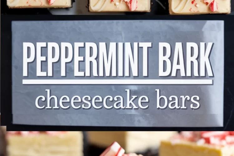 Pinterest-style collage featuring peppermint bark cheesecake bars with a striped peppermint topping. The top section shows a clean flat lay of bars with red drizzle and crushed candies. The bottom section captures a close-up bite revealing the creamy cheesecake and dark chocolate crust.