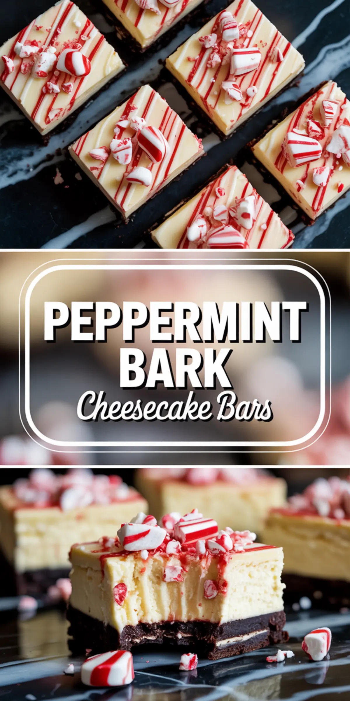 Tall collage highlighting peppermint bark cheesecake bars with crushed peppermint topping. The top frame displays angled bars with decorative red stripes, while the bottom shows a detailed side view with a bite taken out, revealing rich layers of chocolate and cheesecake.