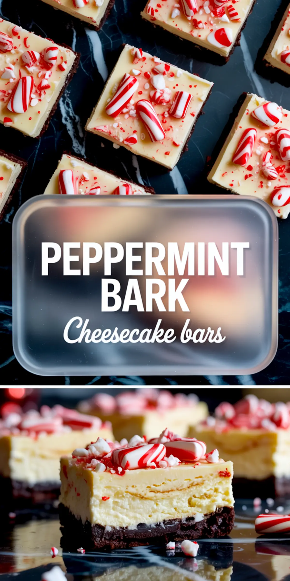 Vertical collage showing peppermint bark cheesecake bars from top and side angles. The top view displays neatly sliced bars topped with crushed candy canes. The bottom view reveals creamy cheesecake layers over a chocolate crust with vibrant red-and-white peppermint pieces.