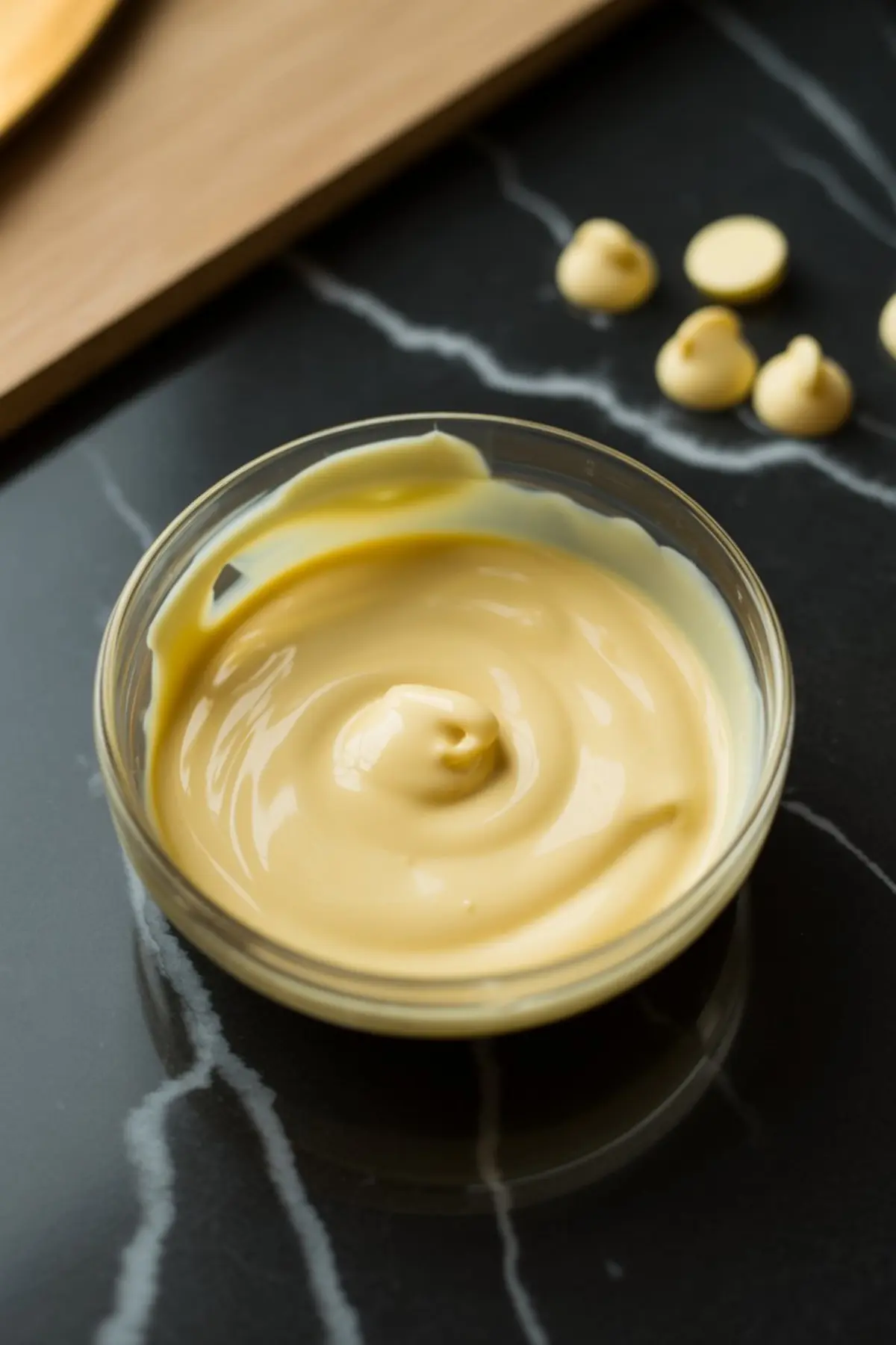 Melted white chocolate in a small glass bowl on black marble surface with scattered white chocolate chips in the background, creating a smooth candy topping base.