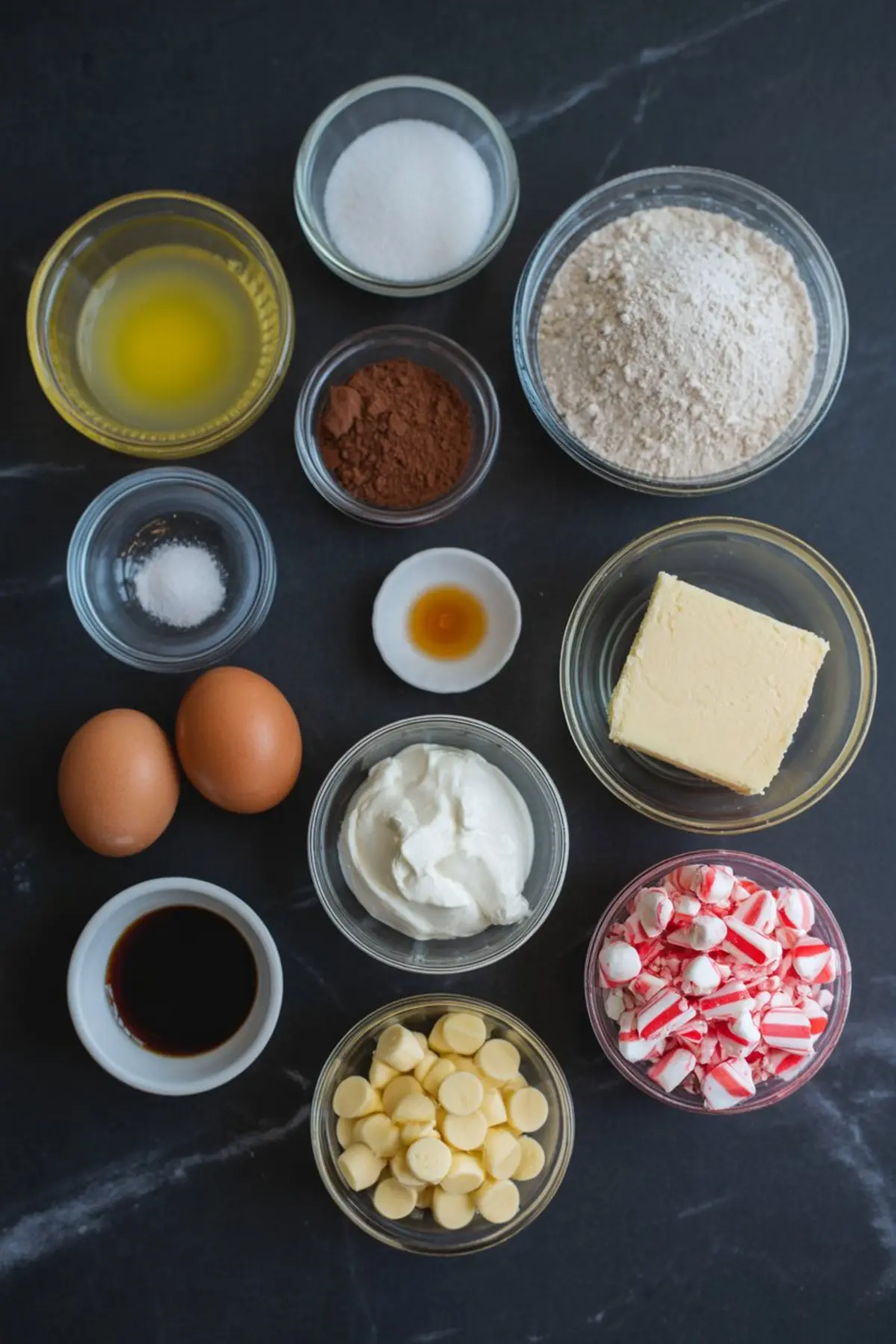 Flat lay of peppermint cheesecake bar ingredients including eggs, flour, cocoa powder, yogurt, sugar, butter, vanilla, oil, peppermint candies, and white chocolate chips on a dark surface.