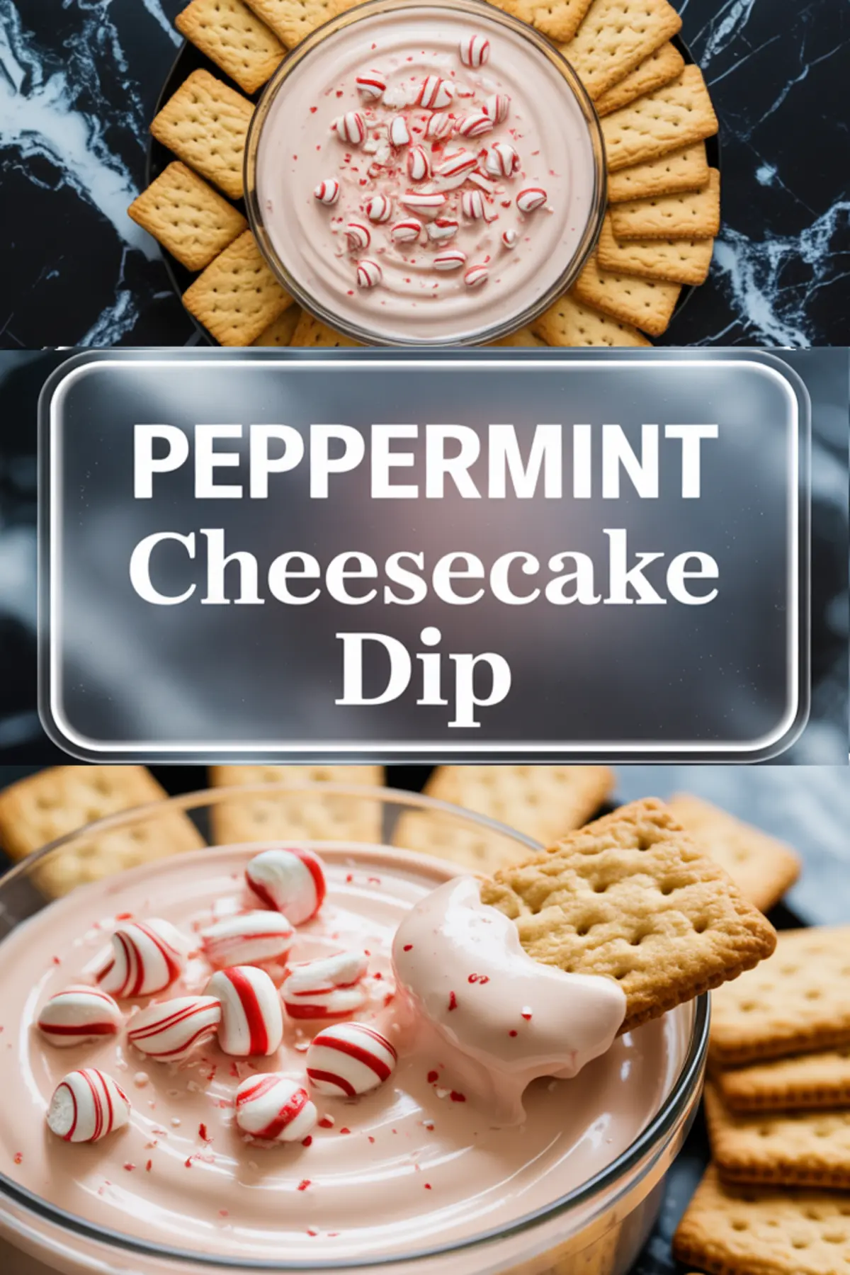 Two views of peppermint cheesecake dip served in a glass bowl, topped with crushed peppermint candies and surrounded by rectangular crackers; includes a dipping cracker and bold label “Peppermint Cheesecake Dip” overlaid.