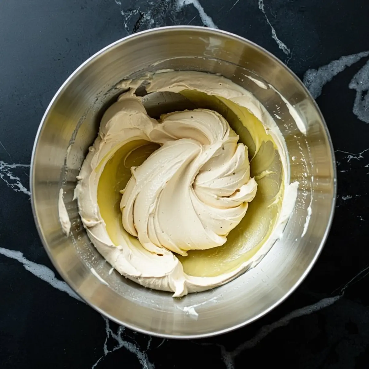 Creamy mixture being swirled in a stainless steel mixing bowl, showing a thick blend of whipped ingredients for a dessert recipe, set on a dark marble countertop.
