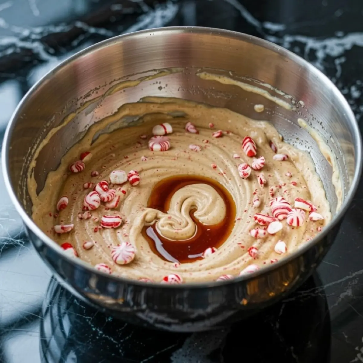 Peppermint cookie batter in a metal mixing bowl with crushed peppermint candies and vanilla extract in the center, ready for mixing.
