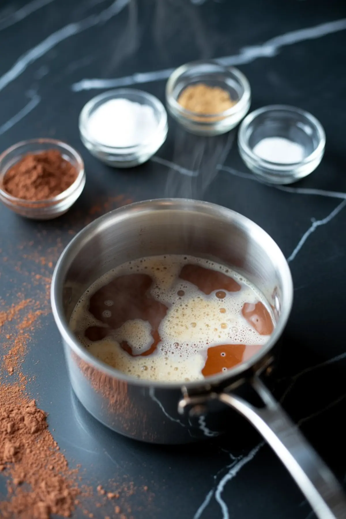 A stainless steel saucepan filled with hot coffee mixture sits on a dark countertop surrounded by small glass bowls of cocoa powder, sugar, salt, and cornstarch.
