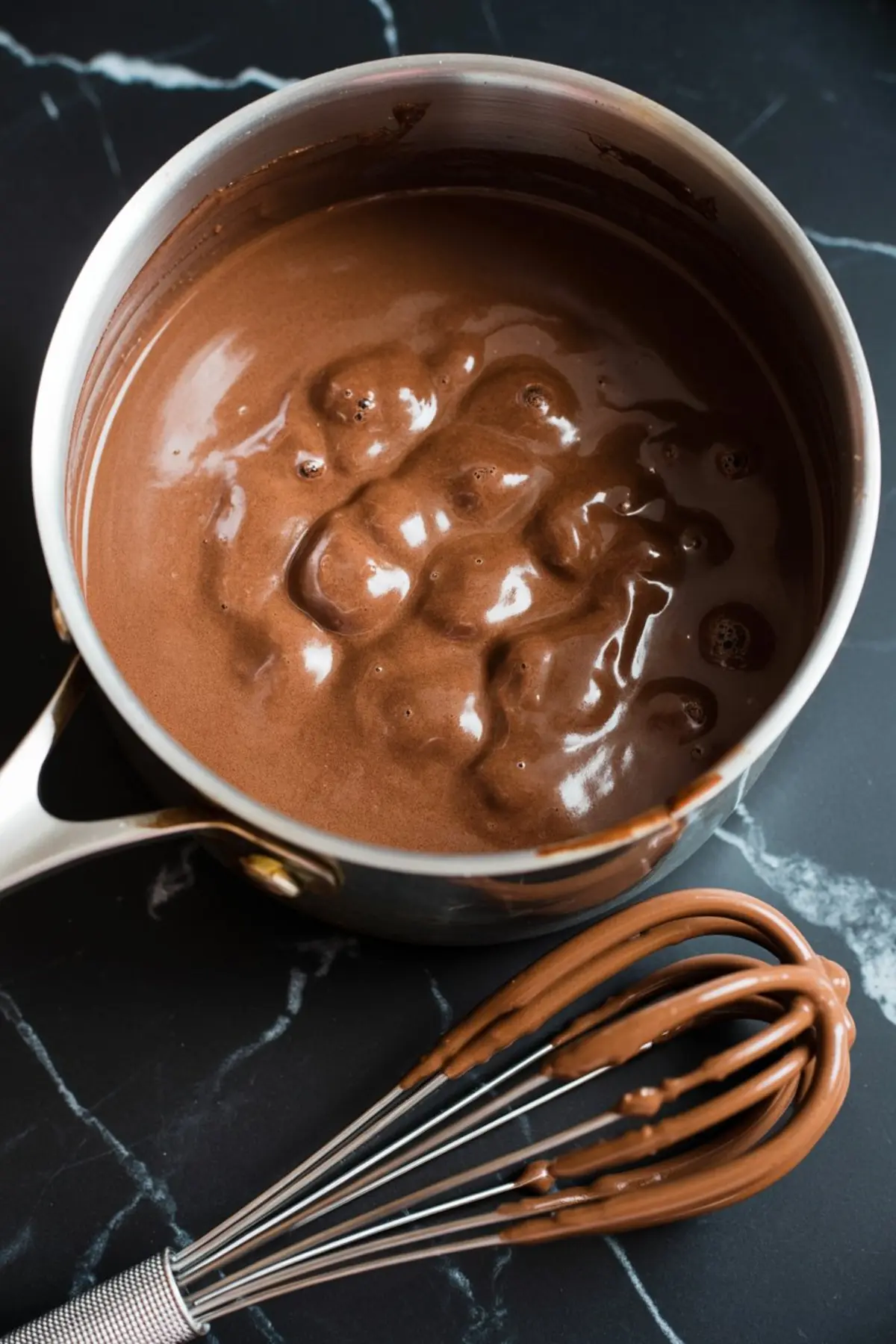 A pot of thick, glossy chocolate pudding sits next to a whisk coated in pudding on a black marble surface.
