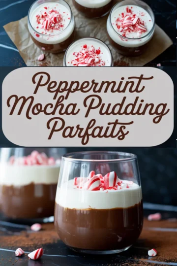 Top view and side view collage of peppermint mocha pudding parfaits in glass cups, each layered with chocolate pudding and white whipped topping, sprinkled with crushed peppermint candies, displayed on dark background with cocoa powder.