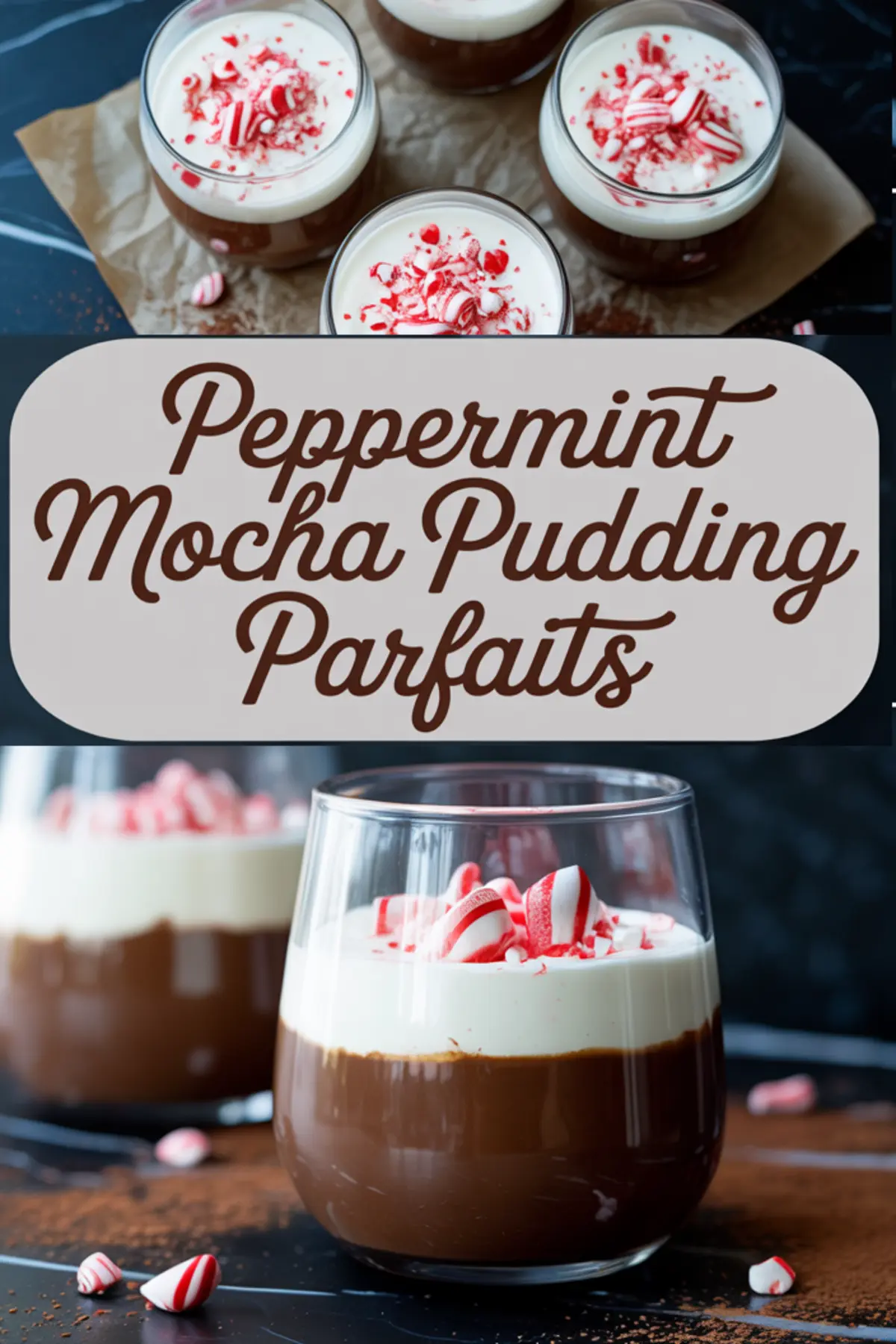 Top view and side view collage of peppermint mocha pudding parfaits in glass cups, each layered with chocolate pudding and white whipped topping, sprinkled with crushed peppermint candies, displayed on dark background with cocoa powder.