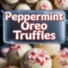 Vertical collage featuring close-up shots of white chocolate coated peppermint Oreo truffles topped with crushed candy canes. Bold text in the center reads “Peppermint Oreo Truffles” with festive red and white colors. The top image shows multiple truffles arranged on parchment, while the bottom zooms in on truffle texture and candy details.