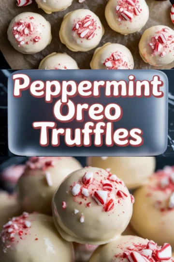 Vertical collage featuring close-up shots of white chocolate coated peppermint Oreo truffles topped with crushed candy canes. Bold text in the center reads “Peppermint Oreo Truffles” with festive red and white colors. The top image shows multiple truffles arranged on parchment, while the bottom zooms in on truffle texture and candy details.