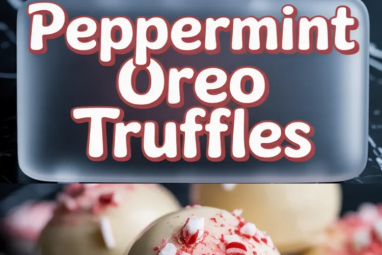 Vertical collage featuring close-up shots of white chocolate coated peppermint Oreo truffles topped with crushed candy canes. Bold text in the center reads “Peppermint Oreo Truffles” with festive red and white colors. The top image shows multiple truffles arranged on parchment, while the bottom zooms in on truffle texture and candy details.