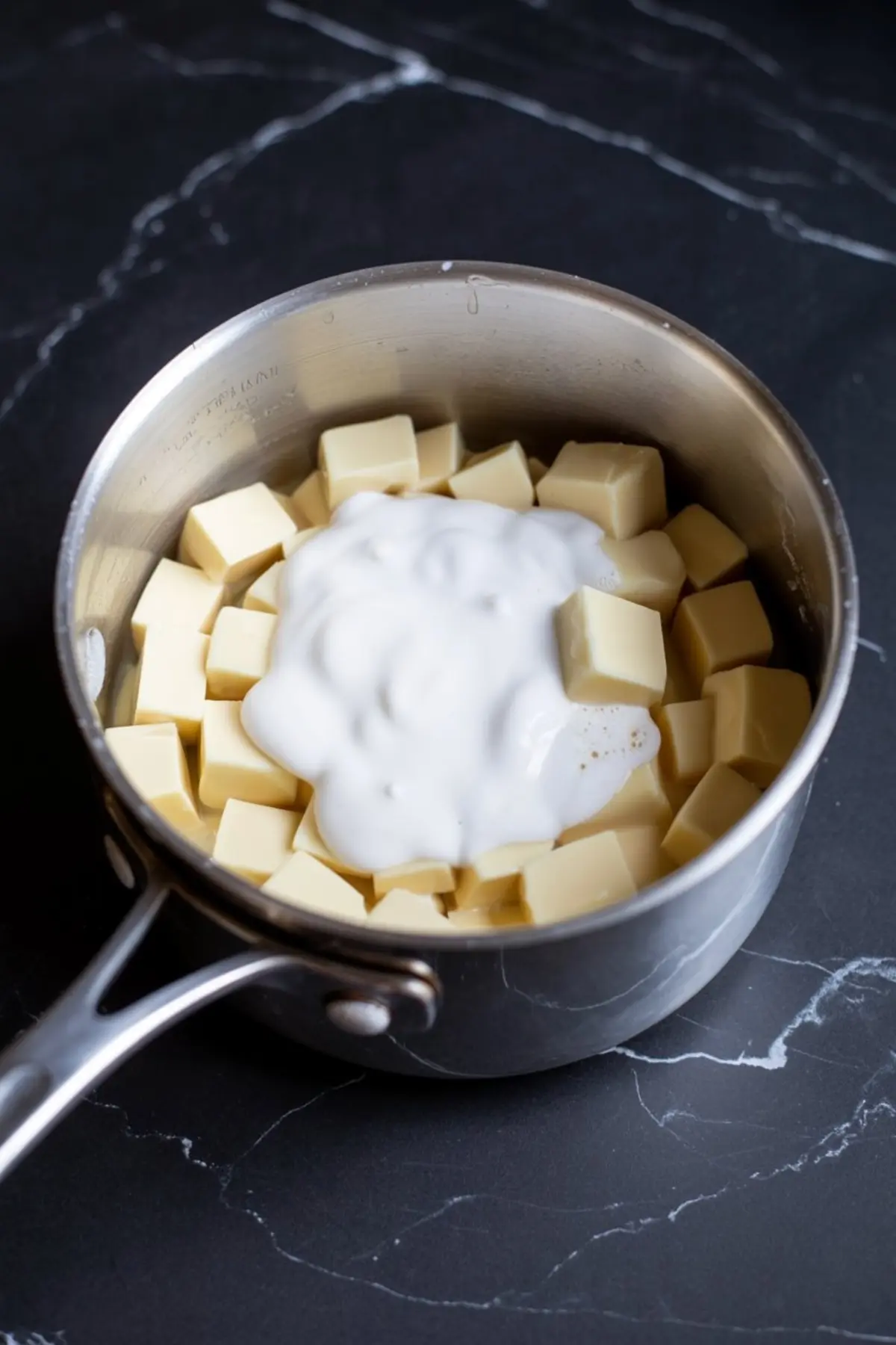 Saucepan filled with white chocolate chunks and thick cream mixture, ready to be melted on the stovetop to make white chocolate peppermint fudge.
