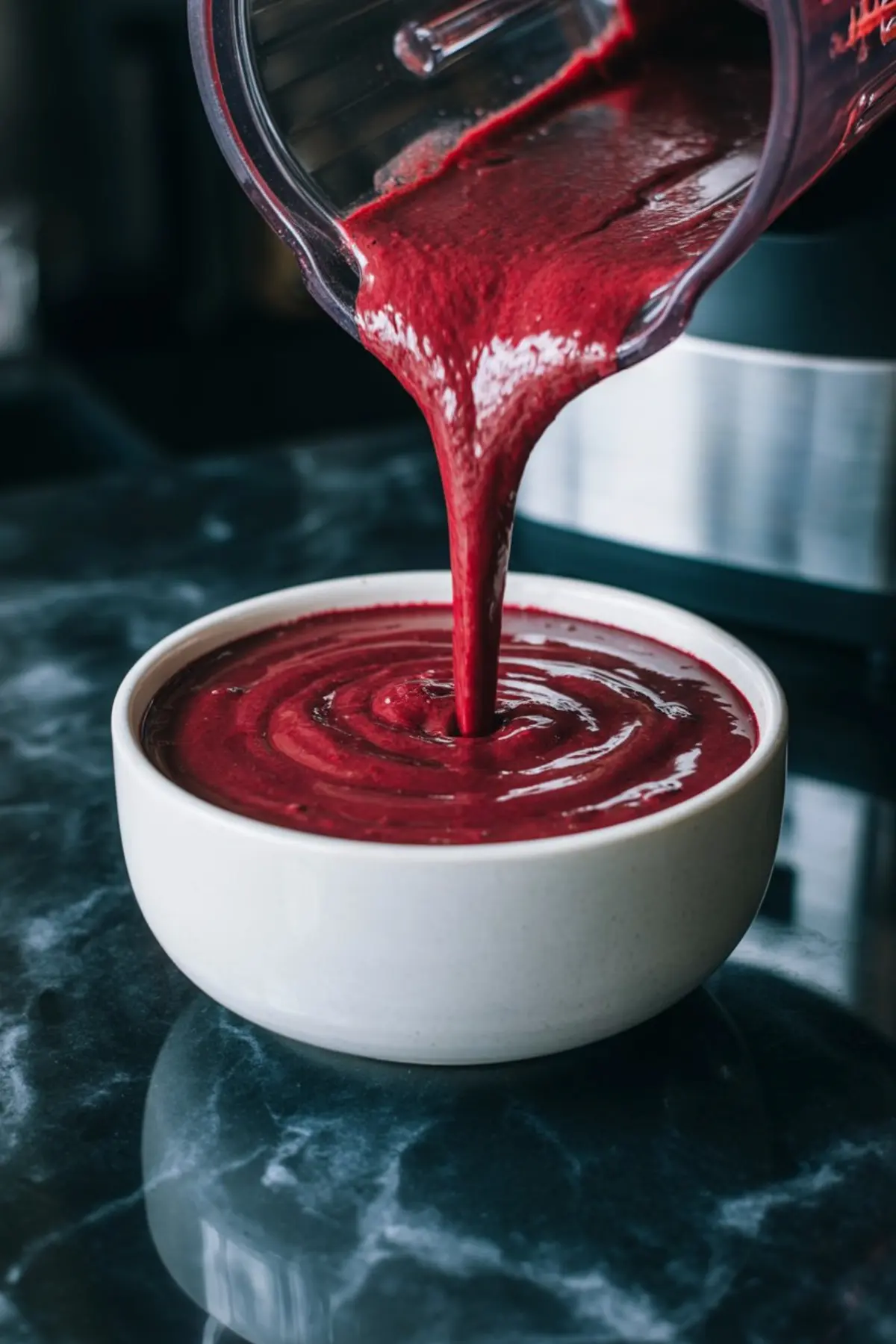 Thick pomegranate smoothie being poured from a blender into a ceramic bowl, showcasing its rich texture and deep magenta color on a dark marble surface.