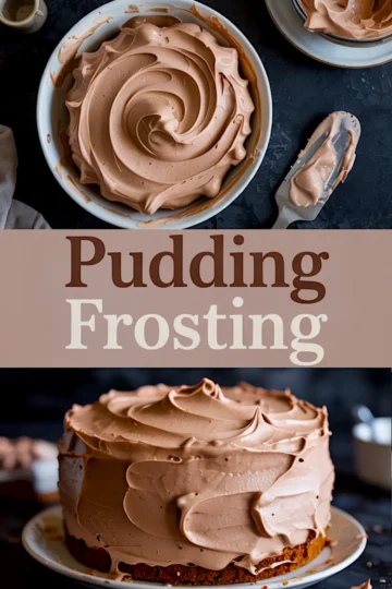Collage image with chocolate pudding frosting in a bowl and a frosted chocolate cake on a plate, labeled “Pudding Frosting.”