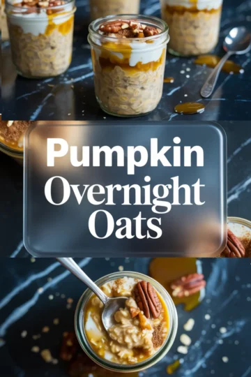 Vertical collage featuring pumpkin overnight oats in glass jars topped with yogurt, caramel sauce, and pecans. The upper image shows a group of jars styled for fall, while the lower image highlights a close-up of a spoonful of oats garnished with pecans and spices. The center showcases bold typography reading “Pumpkin Overnight Oats.”