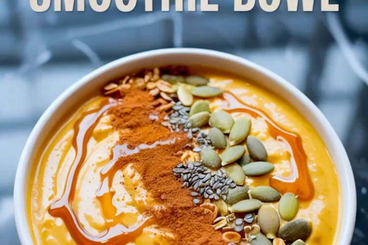 Pumpkin pie smoothie bowl with a swirl of maple syrup, a line of ground cinnamon, pumpkin seeds, chia seeds, and granola, with recipe title text overlaid at the top.