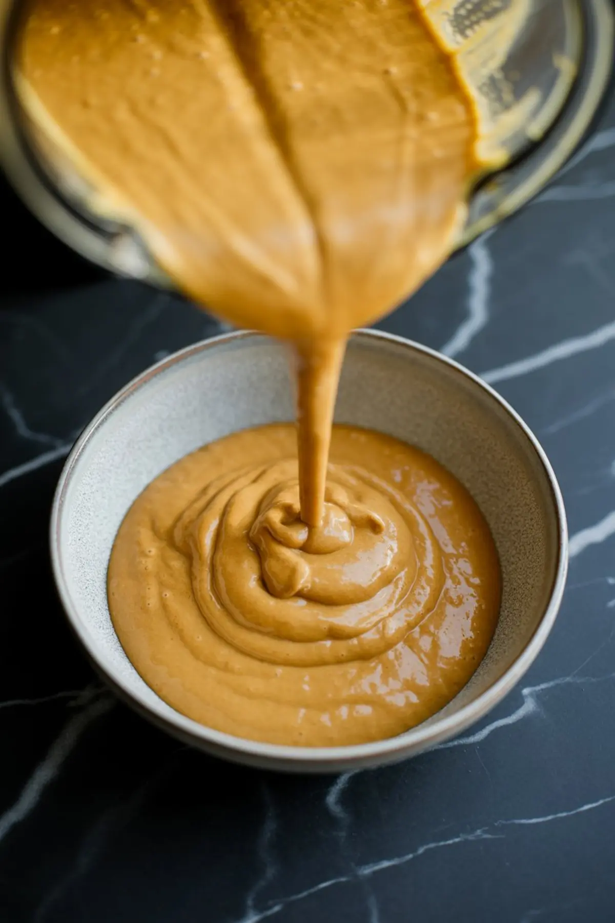 Thick pumpkin smoothie being poured from a blender into a bowl, showcasing its rich, creamy texture on a black marble surface.
